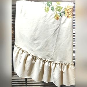 Vintage cream ruffled tablecloth with Hand Cross Stitch yellow orange roses
